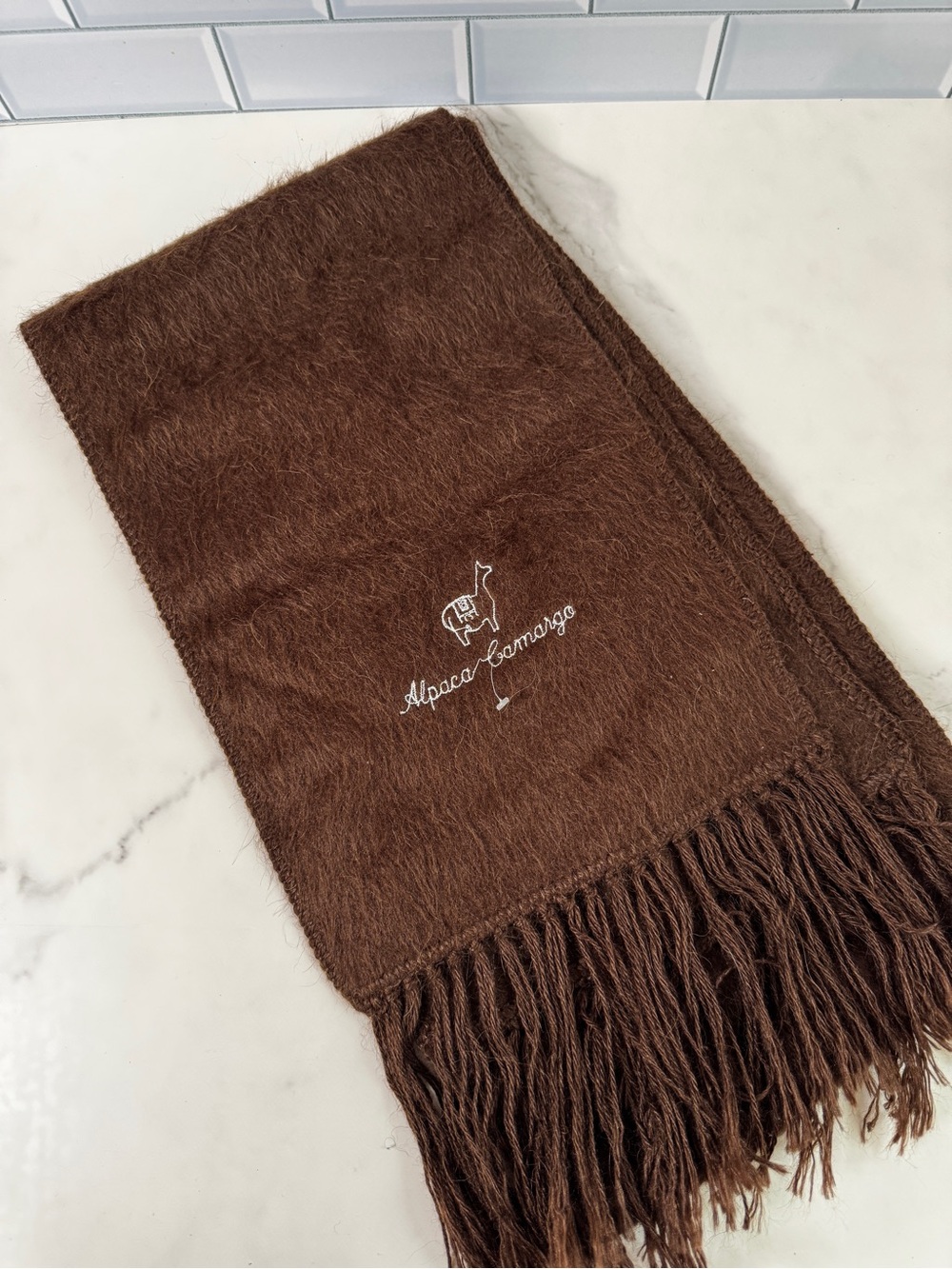 Alpaca Camargo Brown Fringed Scarf Embroidered Logo 64 x 9